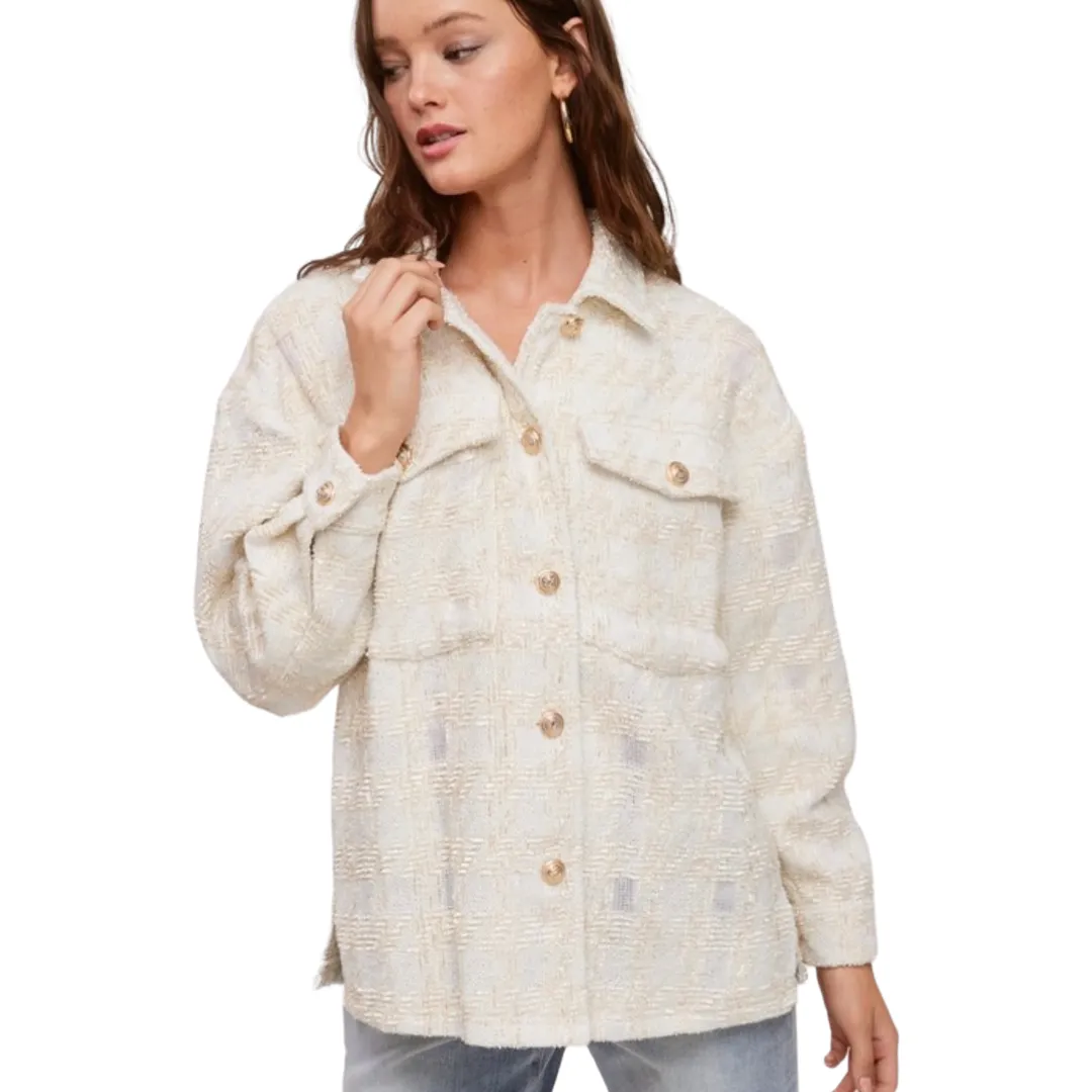 Apparel- Fanco Glitter Tweed Button Down Shacket