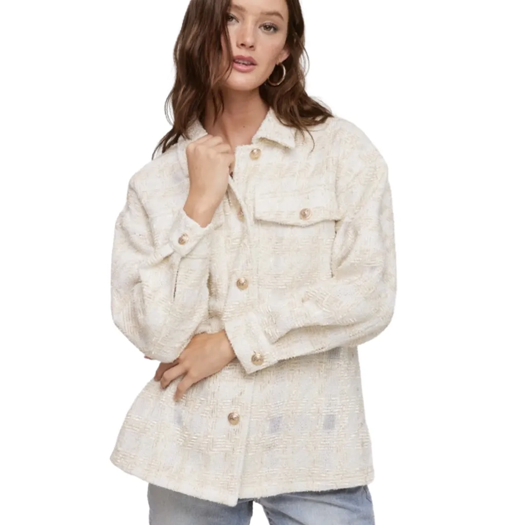 Apparel- Fanco Glitter Tweed Button Down Shacket