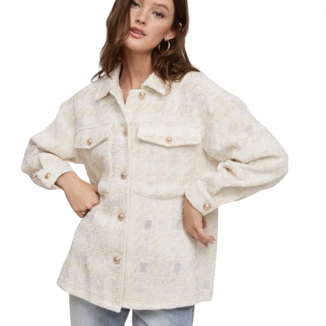 Apparel- Fanco Glitter Tweed Button Down Shacket
