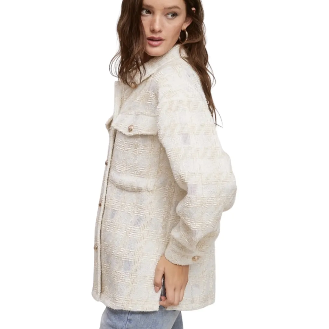 Apparel- Fanco Glitter Tweed Button Down Shacket