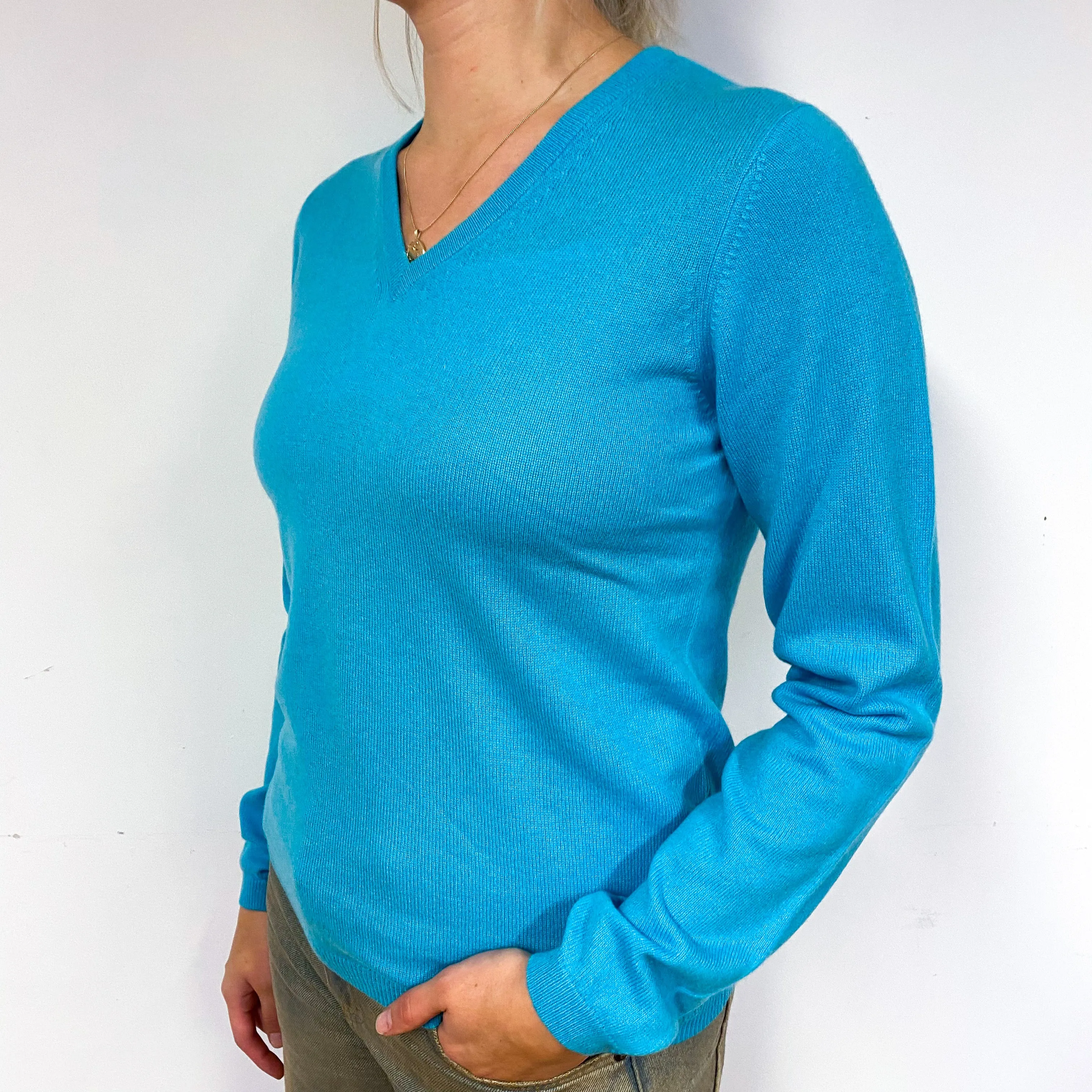 Aqua Blue Cashmere V-Neck Jumper Small