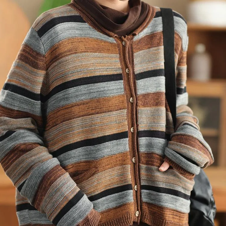 Babakud Women Winter Retro Colorful Striped Single-Breasted Patchwork Sweater