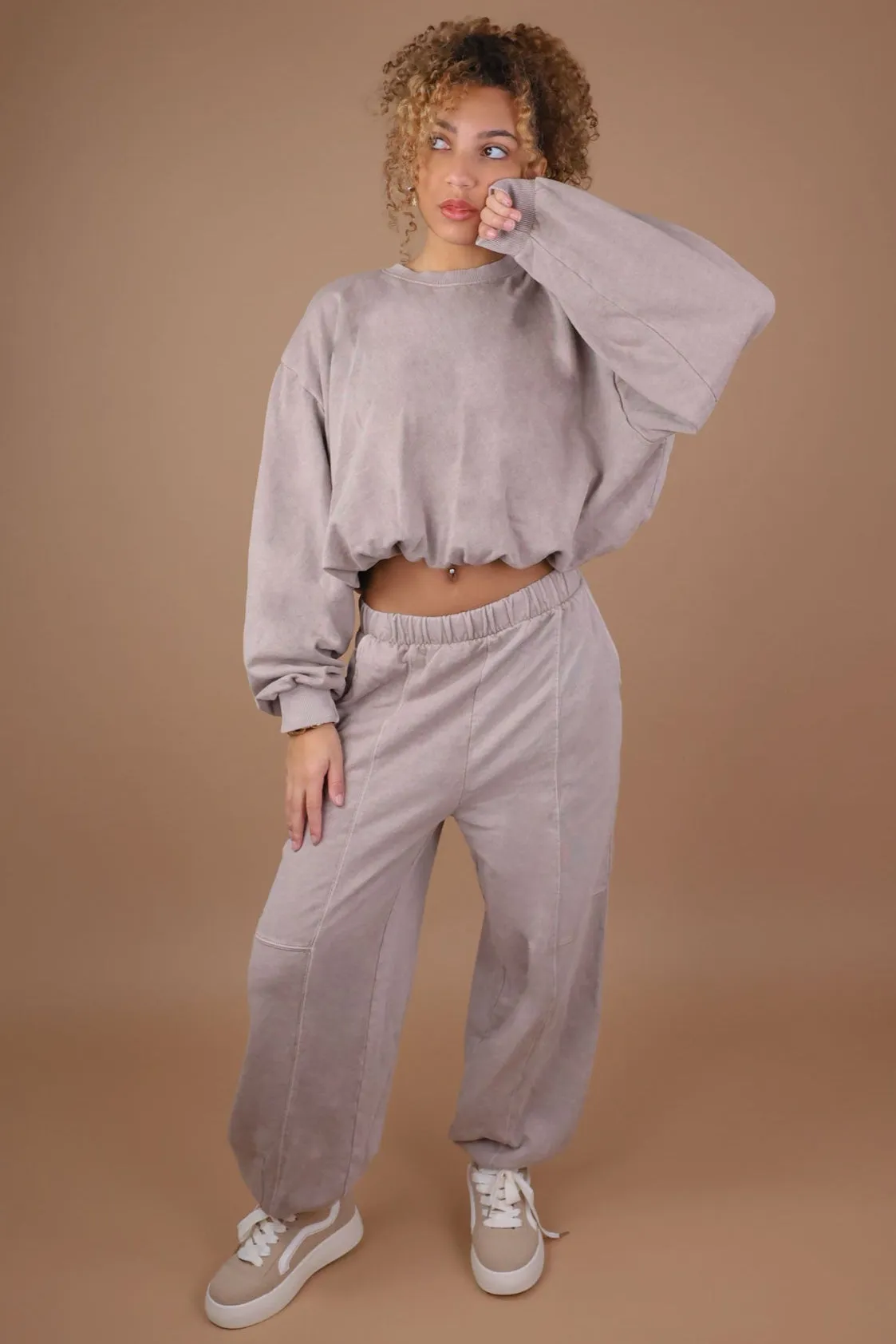 Beige Bubble Hem Sweatshirt & Joggers Tracksuit