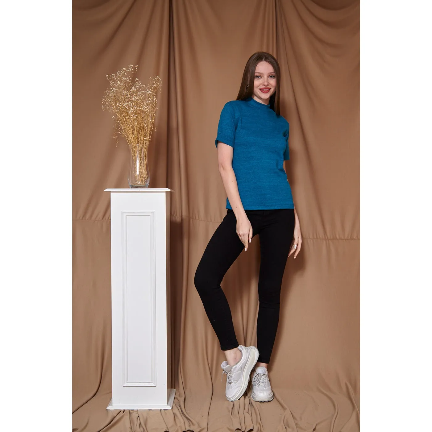 Berry Melange Mock Neck Half Sleeves