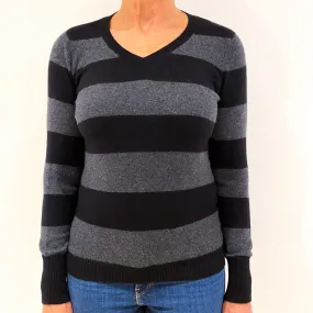 Black Grey Striped Cashmere V-Neck Jumper Medium