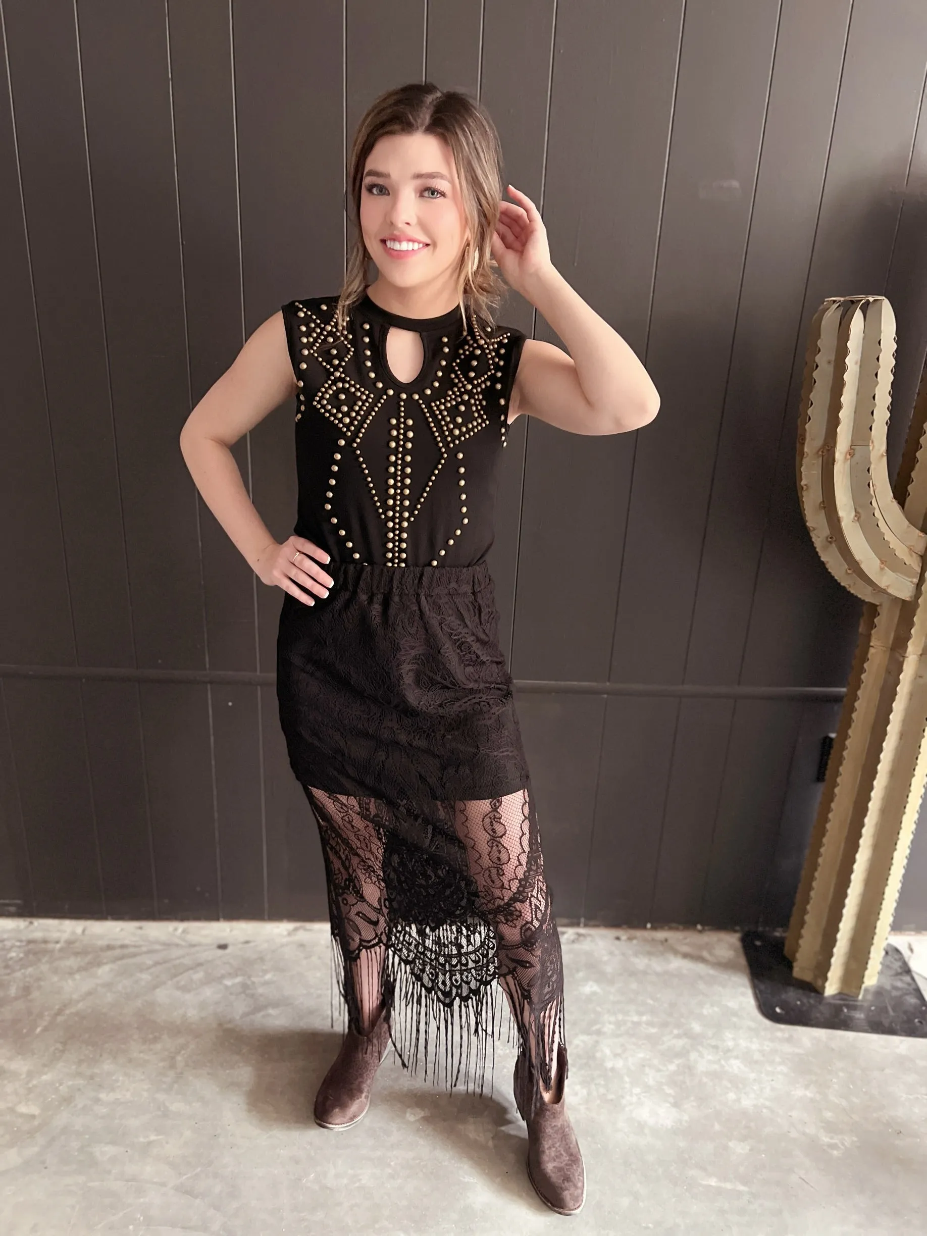 Black Keyhole Vintage Bronze Studded Bodysuit