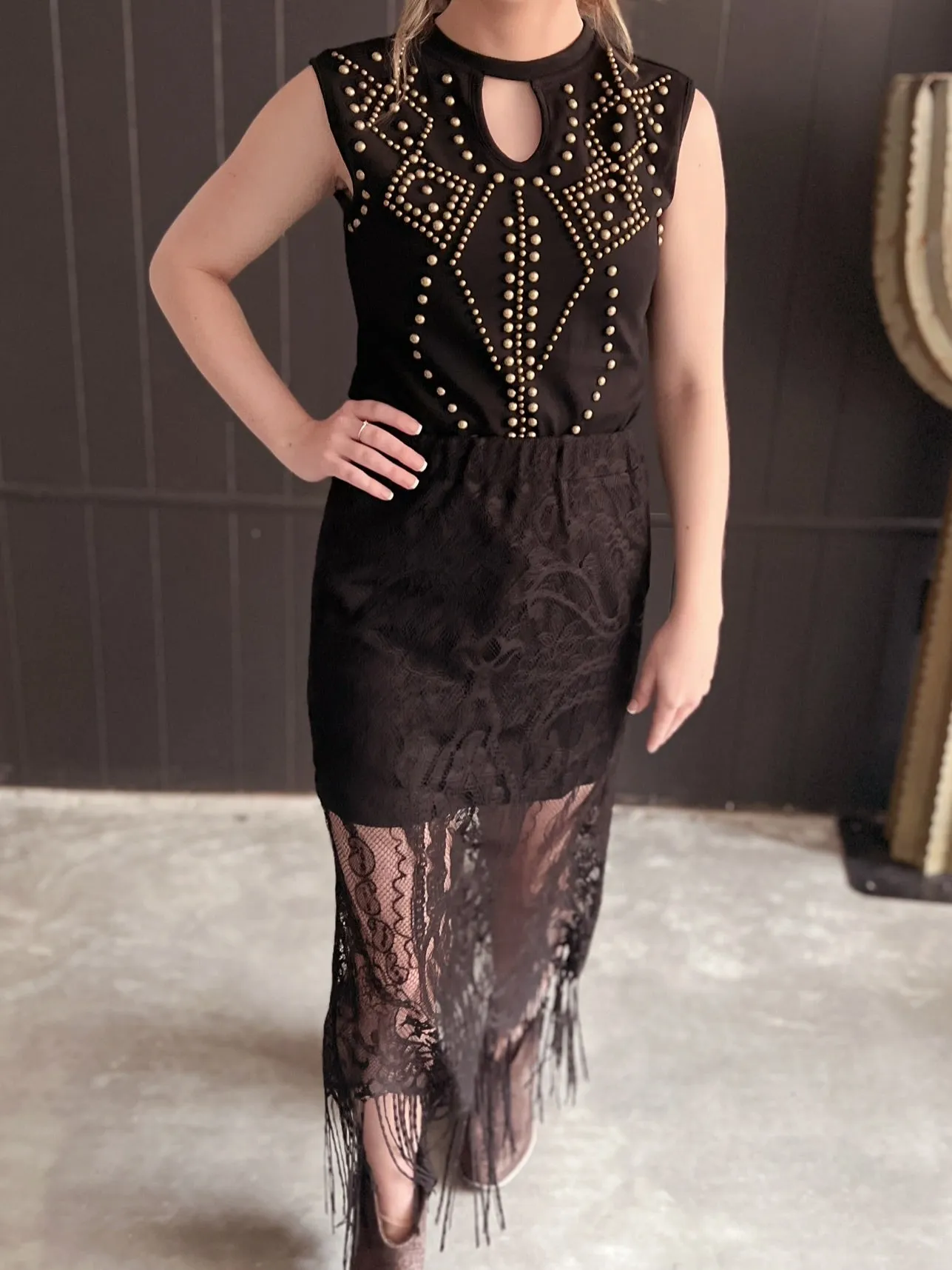 Black Keyhole Vintage Bronze Studded Bodysuit