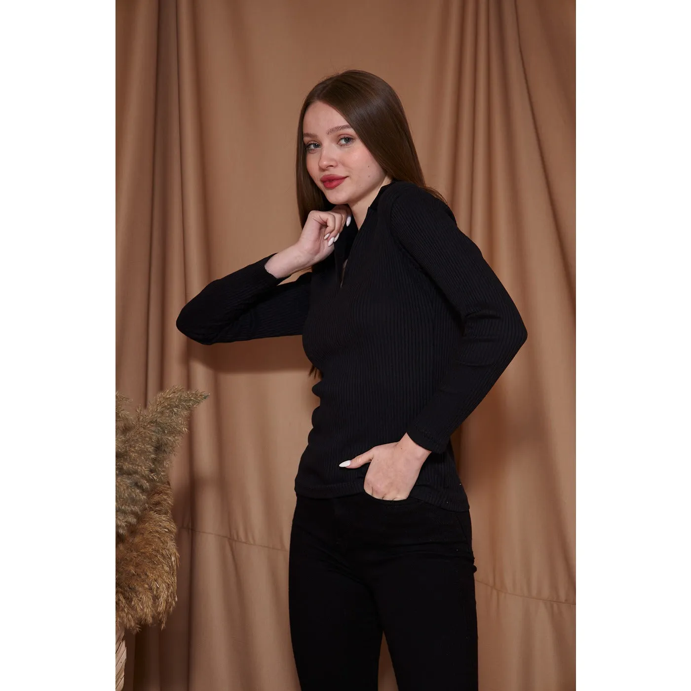 Black Ribbed Polo Sweatshirt
