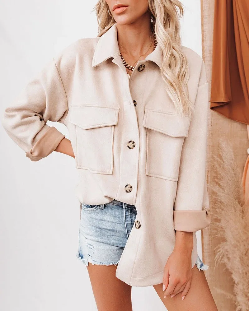 Button Front Pocket Design Suede Coat