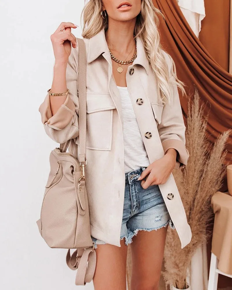 Button Front Pocket Design Suede Coat