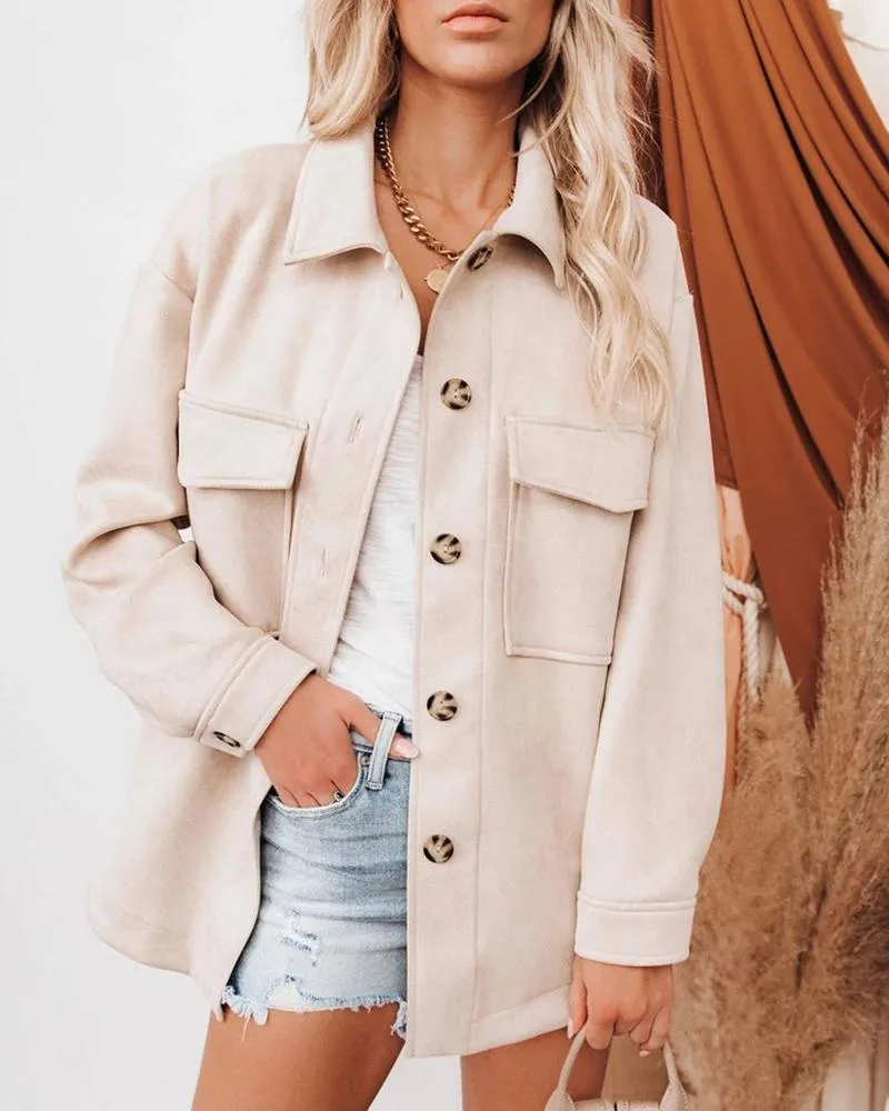 Button Front Pocket Design Suede Coat