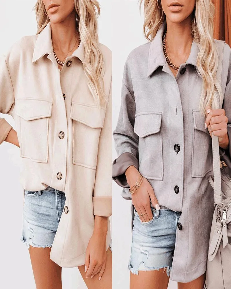 Button Front Pocket Design Suede Coat