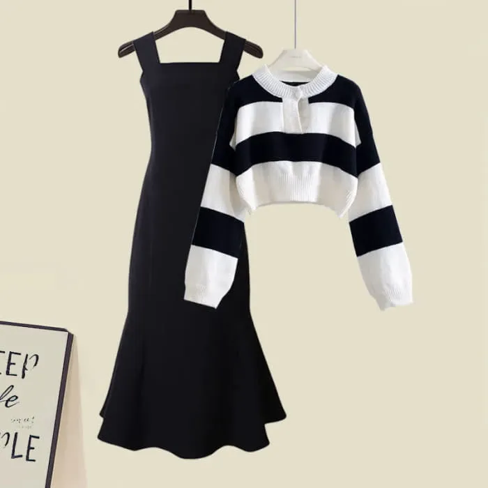 Chic Stripe Sweater Fishtail Slip Dress
