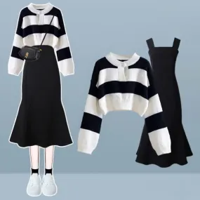 Chic Stripe Sweater Fishtail Slip Dress