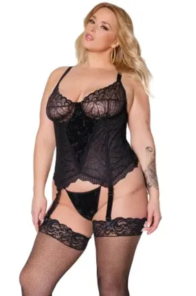 Coquette Velvet and Lace Bustier with Underwire Cups and Thong - Color: Black | Pack Of: 1 | Style: Clothing