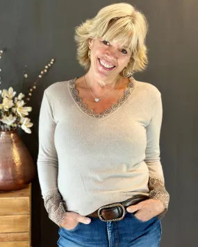 Fine Knit Lace Detail Jumper - Taupe
