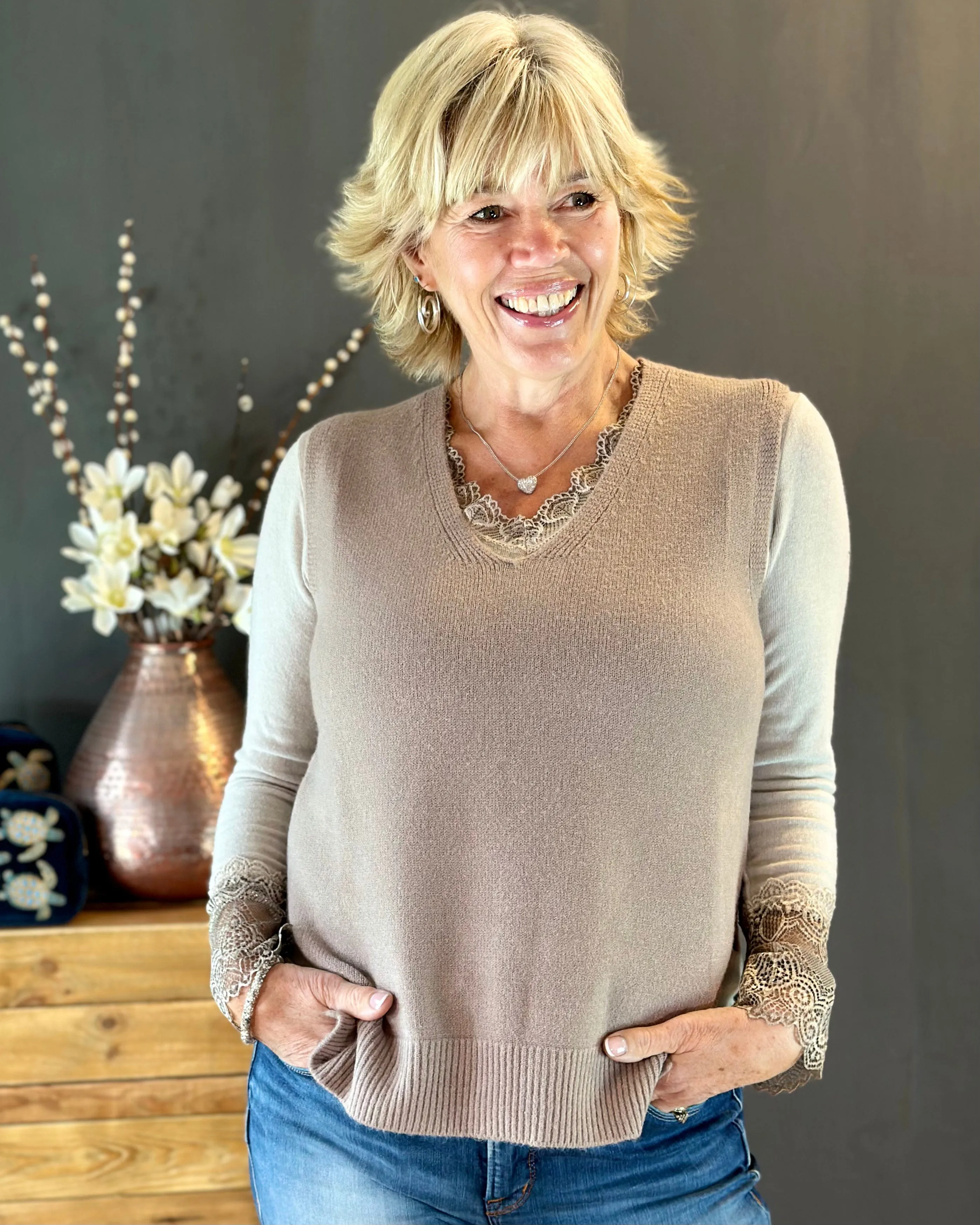 Fine Knit Lace Detail Jumper - Taupe