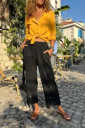 GNS Woman Black Hem Slit Buttoned Washed Linen-Look Harem Pants RSD1179 - Cernusco sul Naviglio