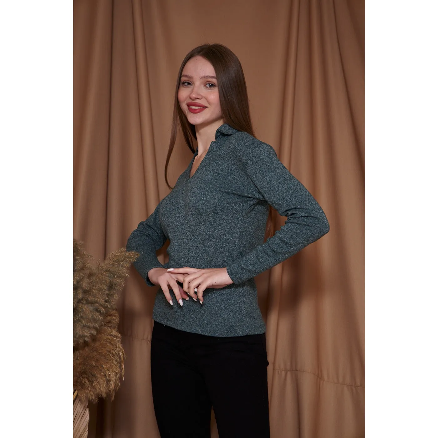 Green Melange Polo Sweatshirt