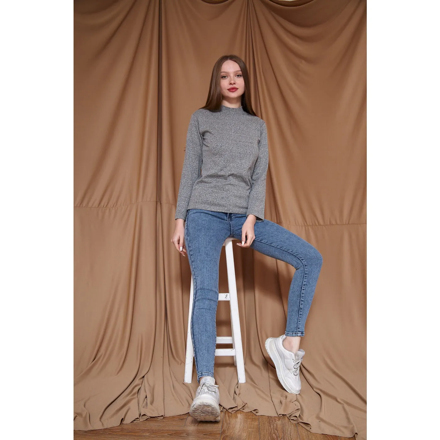 Grey Melange Mock Neck Sweatshirt