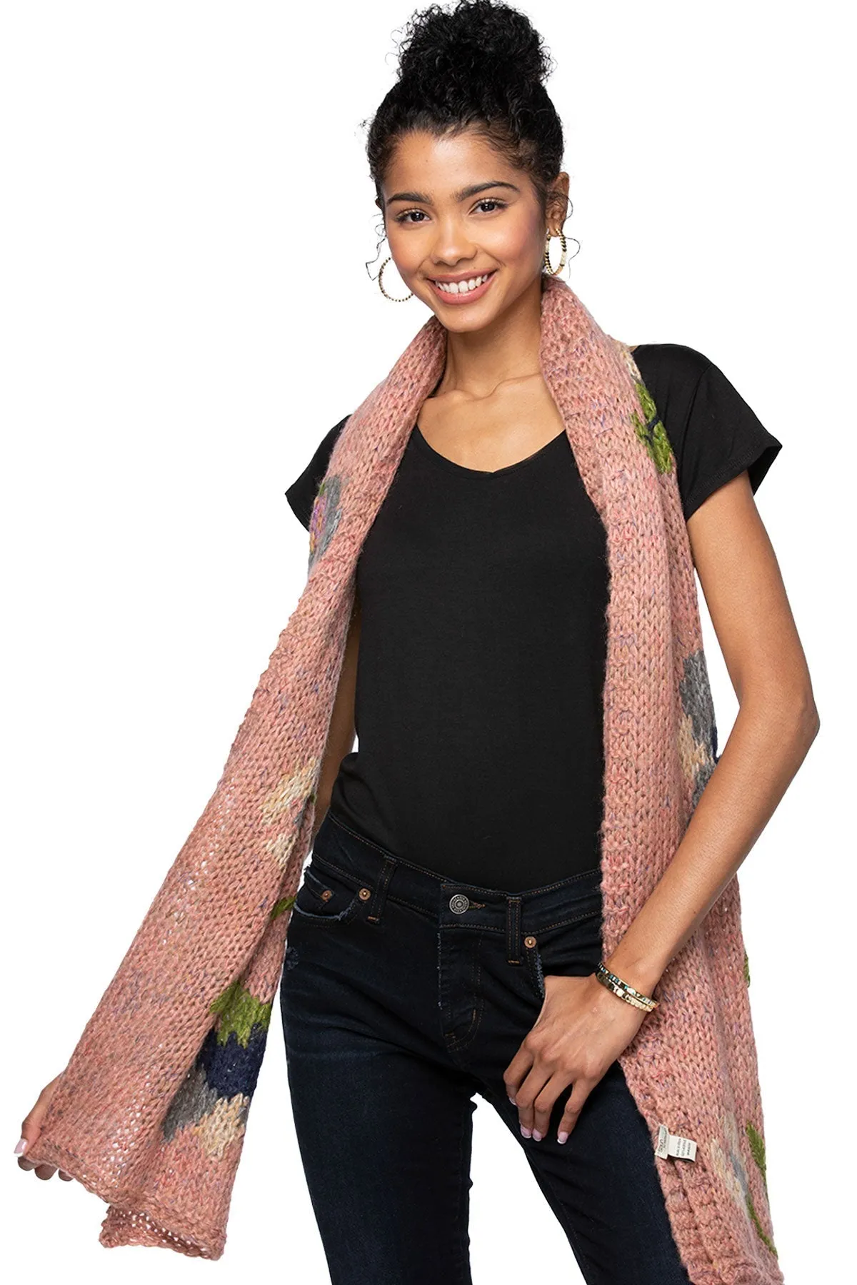 Hand Knit Floral Jacquard Scarf Wrap