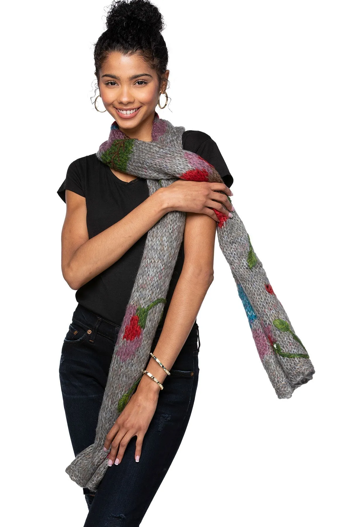 Hand Knit Floral Jacquard Scarf Wrap