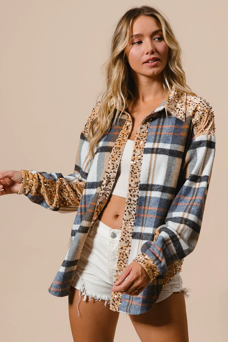 IP8936G-06 | PLAID AND SEQUIN VELVET MIX AND MATCH SHACKET