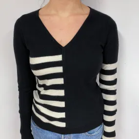 Jaeger Ivory Stripe Cashmere V-Neck Jumper Small