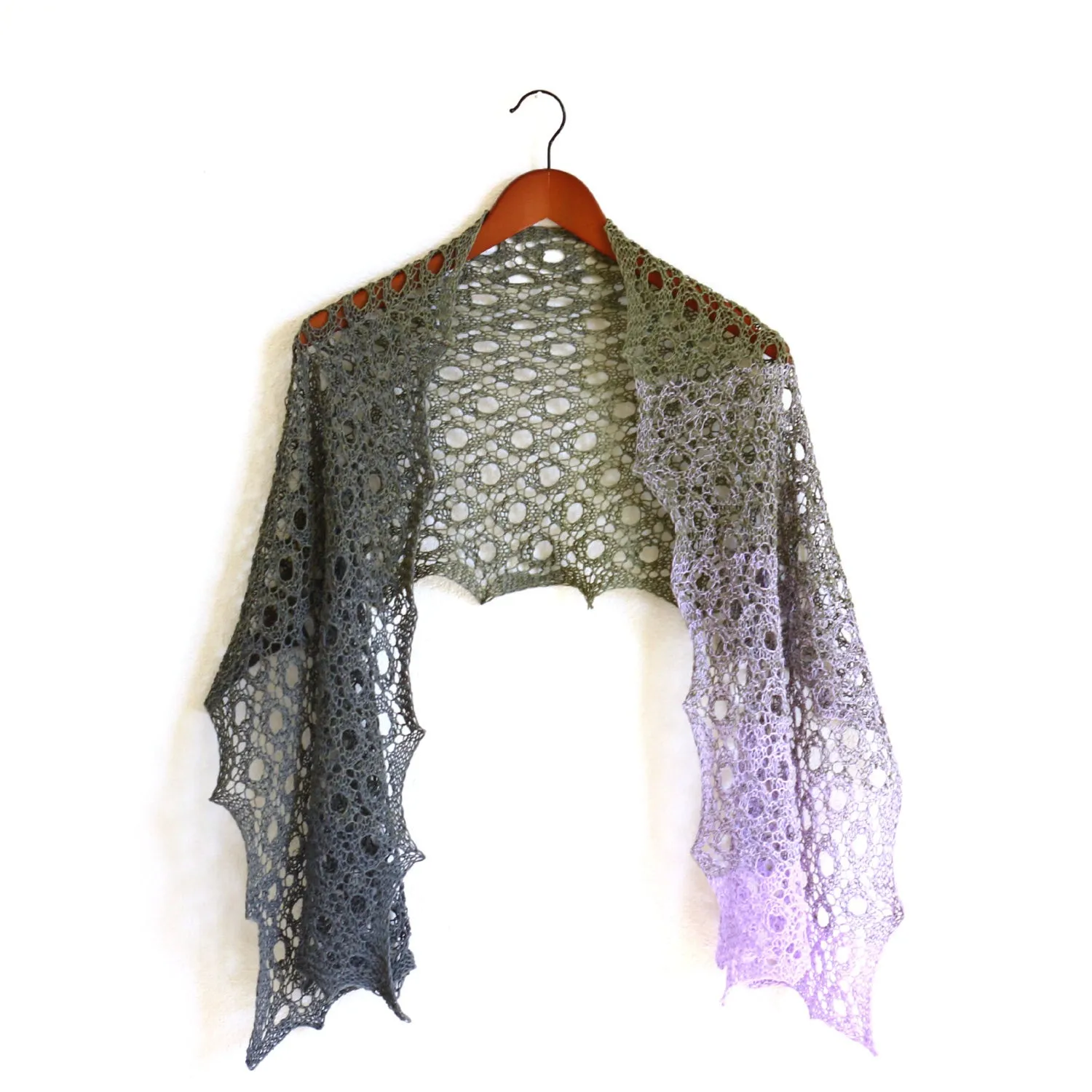 Knit shawl, lace shawl with gradient lilac and grey colors, cotton wrap, gift for her