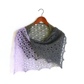 Knit shawl, lace shawl with gradient lilac and grey colors, cotton wrap, gift for her
