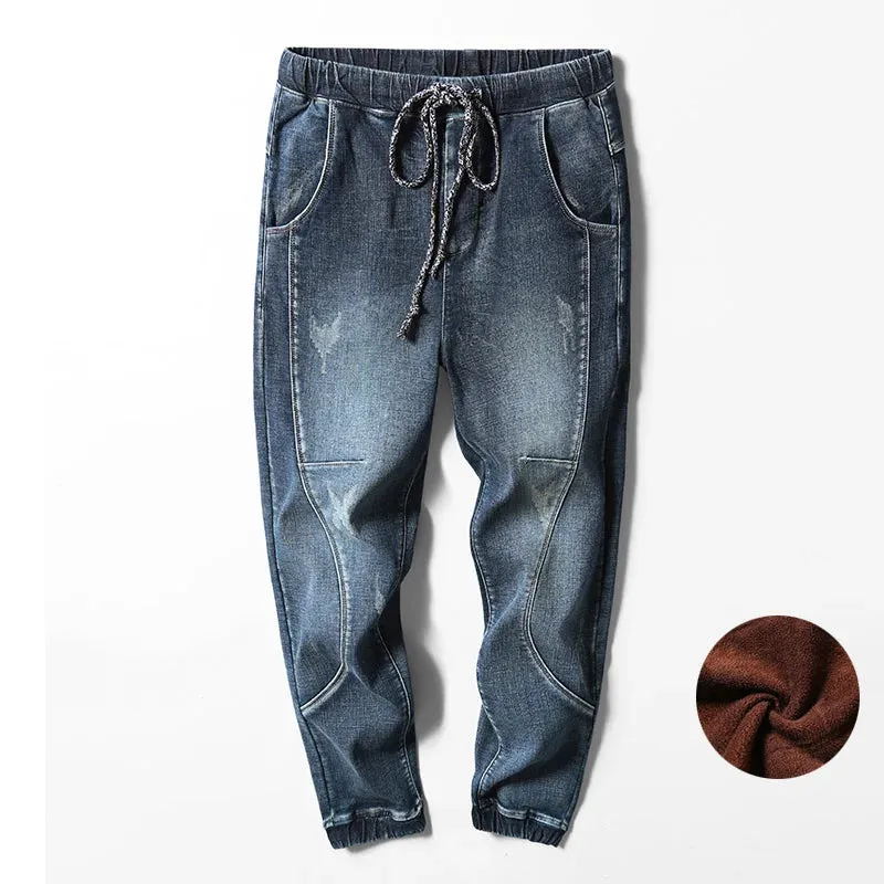 KSTUN 2024 Winter Jeans Men Warm Pants Fleece Joggers Jeans Harem Pants Thicken Stretch Streetwear Denim Trousers Large Size 42