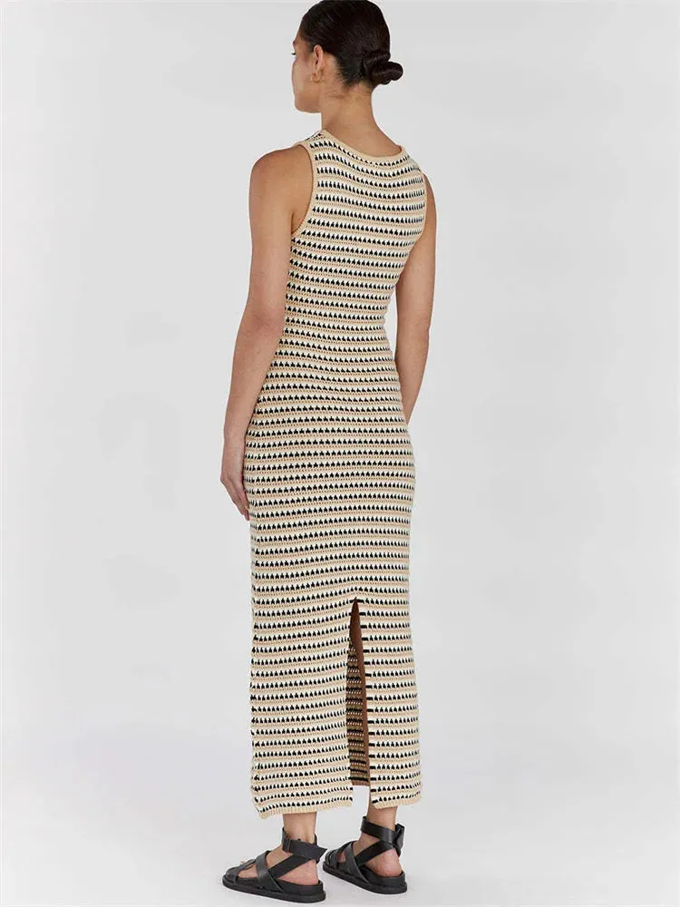 Lady Glams Striped See-Through Long Dress Female Elegant Sleeveless High Waist Patchwork Fashion Beach Dress Knit Maxi Dress Summer