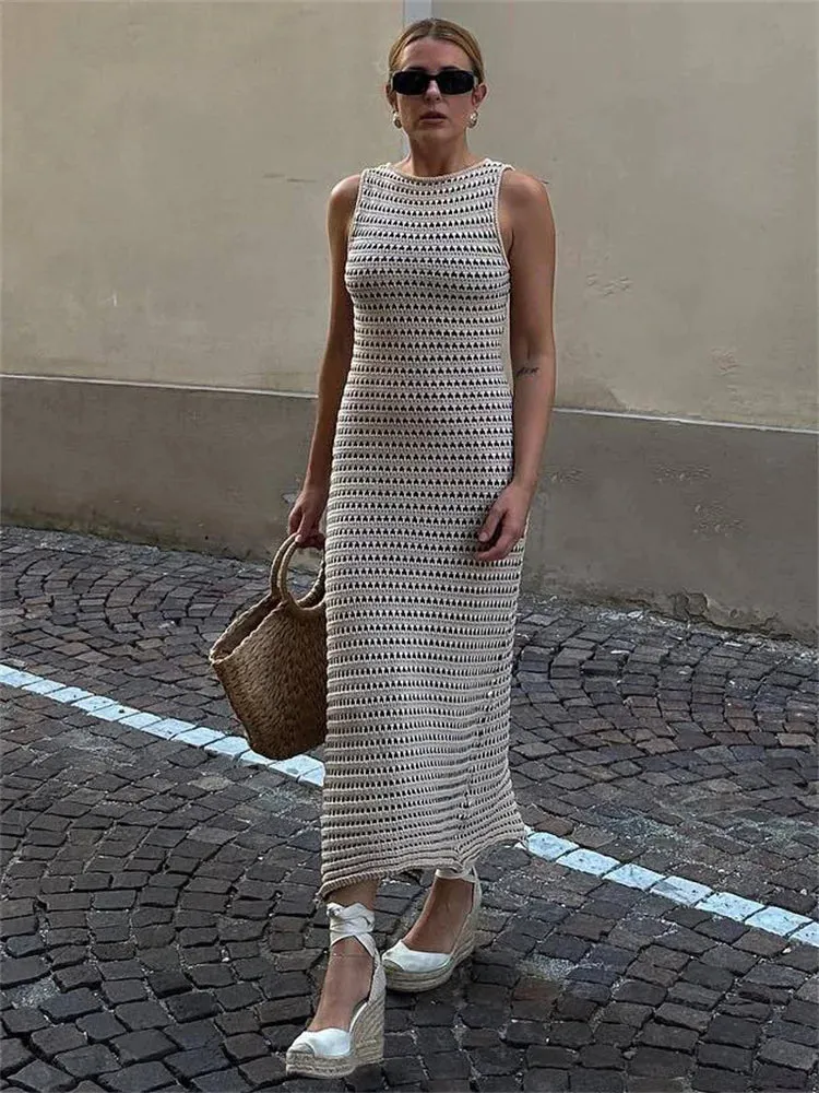 Lady Glams Striped See-Through Long Dress Female Elegant Sleeveless High Waist Patchwork Fashion Beach Dress Knit Maxi Dress Summer