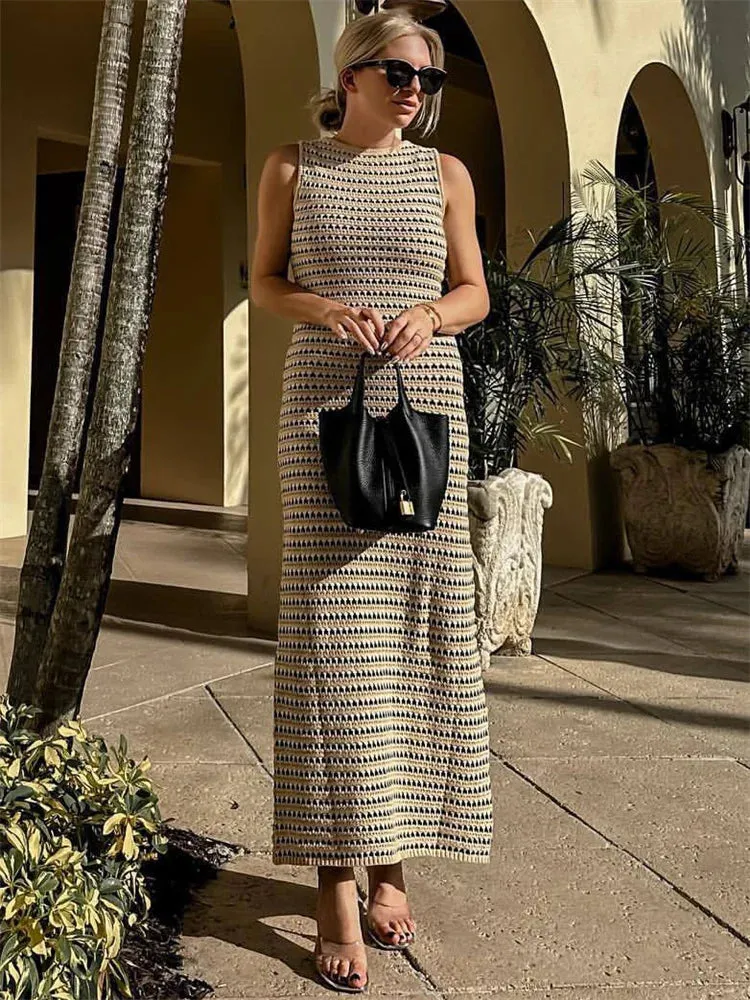 Lady Glams Striped See-Through Long Dress Female Elegant Sleeveless High Waist Patchwork Fashion Beach Dress Knit Maxi Dress Summer