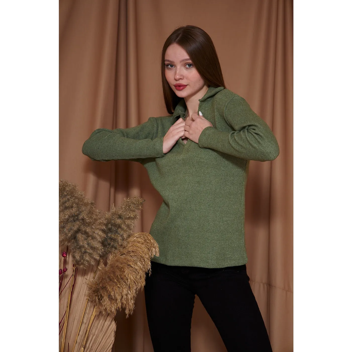 Light Green Melange Polo Sweatshirt