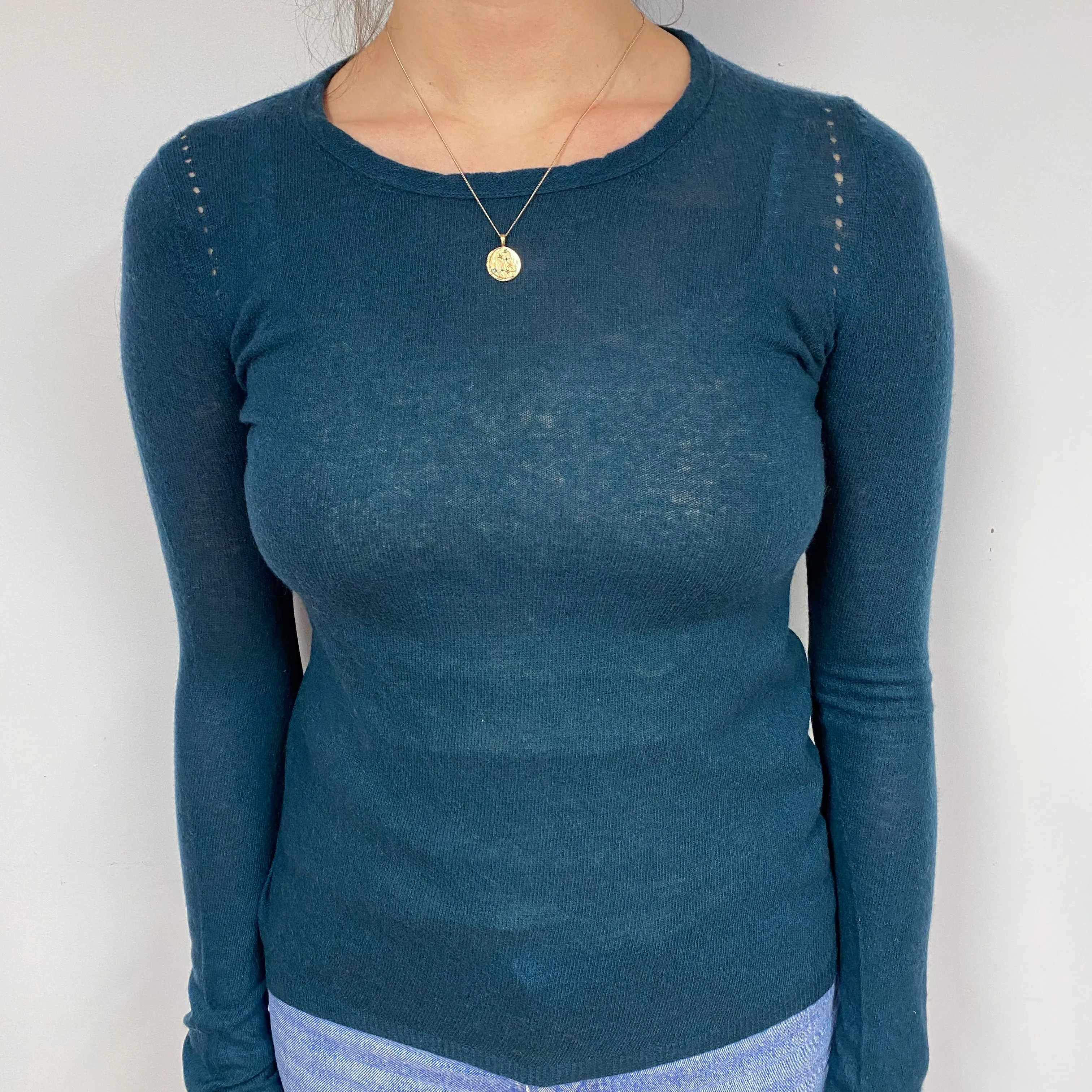 Lightweight Petrol Blue Cashmere Crew Neck Jumper Small