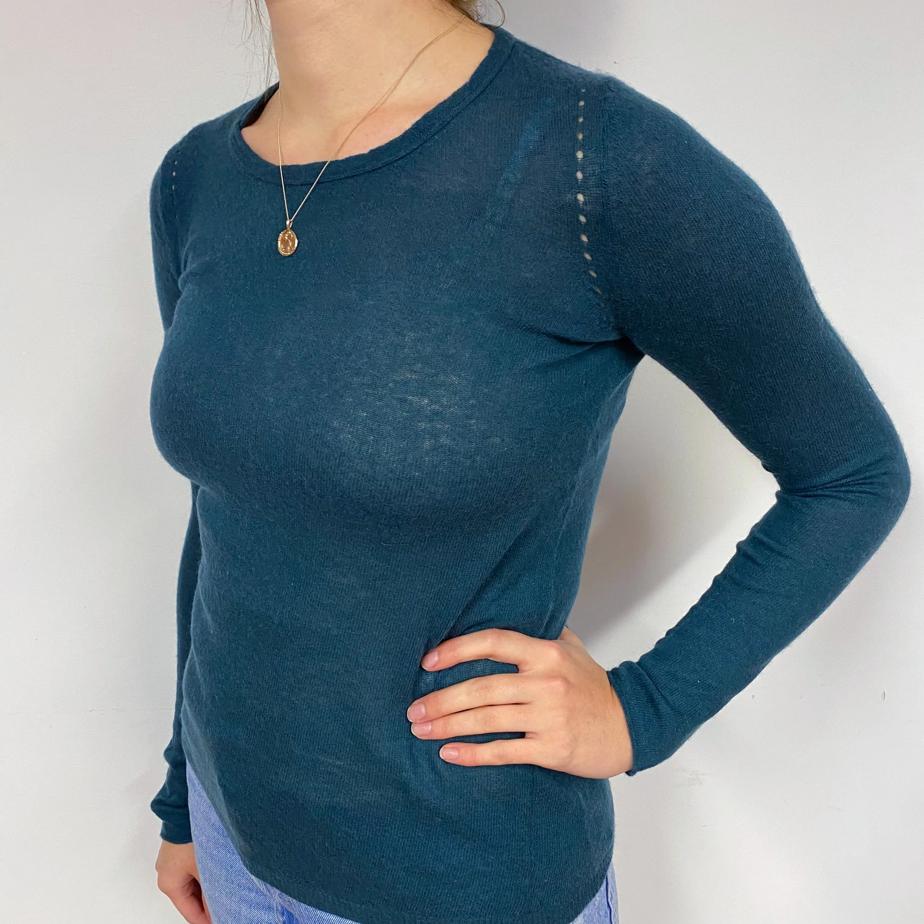 Lightweight Petrol Blue Cashmere Crew Neck Jumper Small