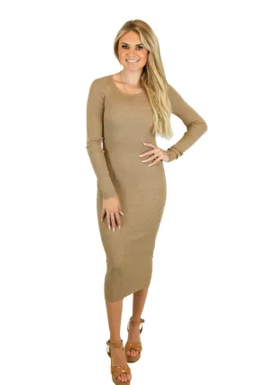 LPA Mocha Long-Sleeve Bodycon Midi Dress (S)