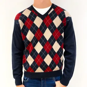 Men's Navy Red Argyle Cashmere V-Neck Jumper Extra Large