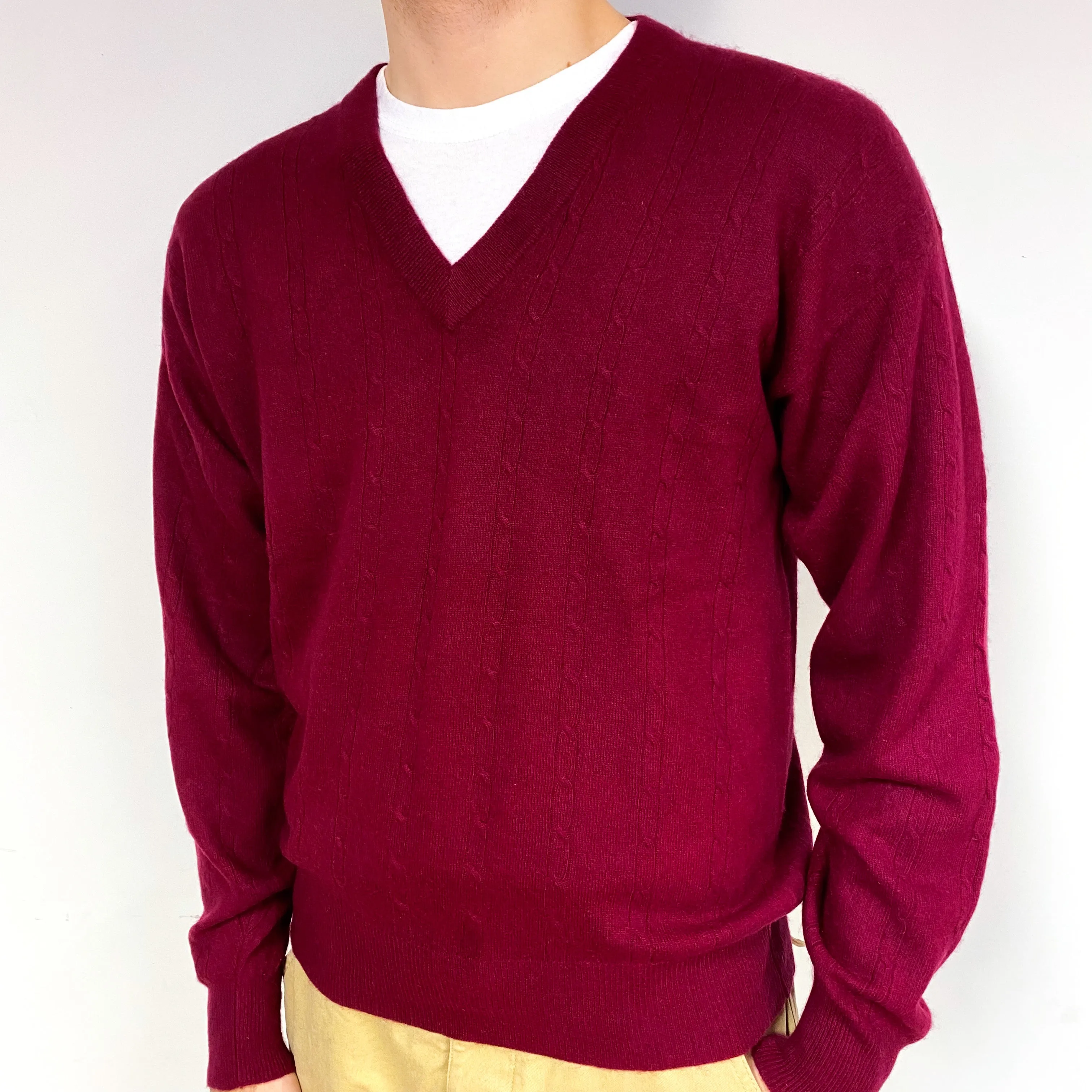 Men's Vintage Burgundy Red Cashmere V-Neck Jumper Medium