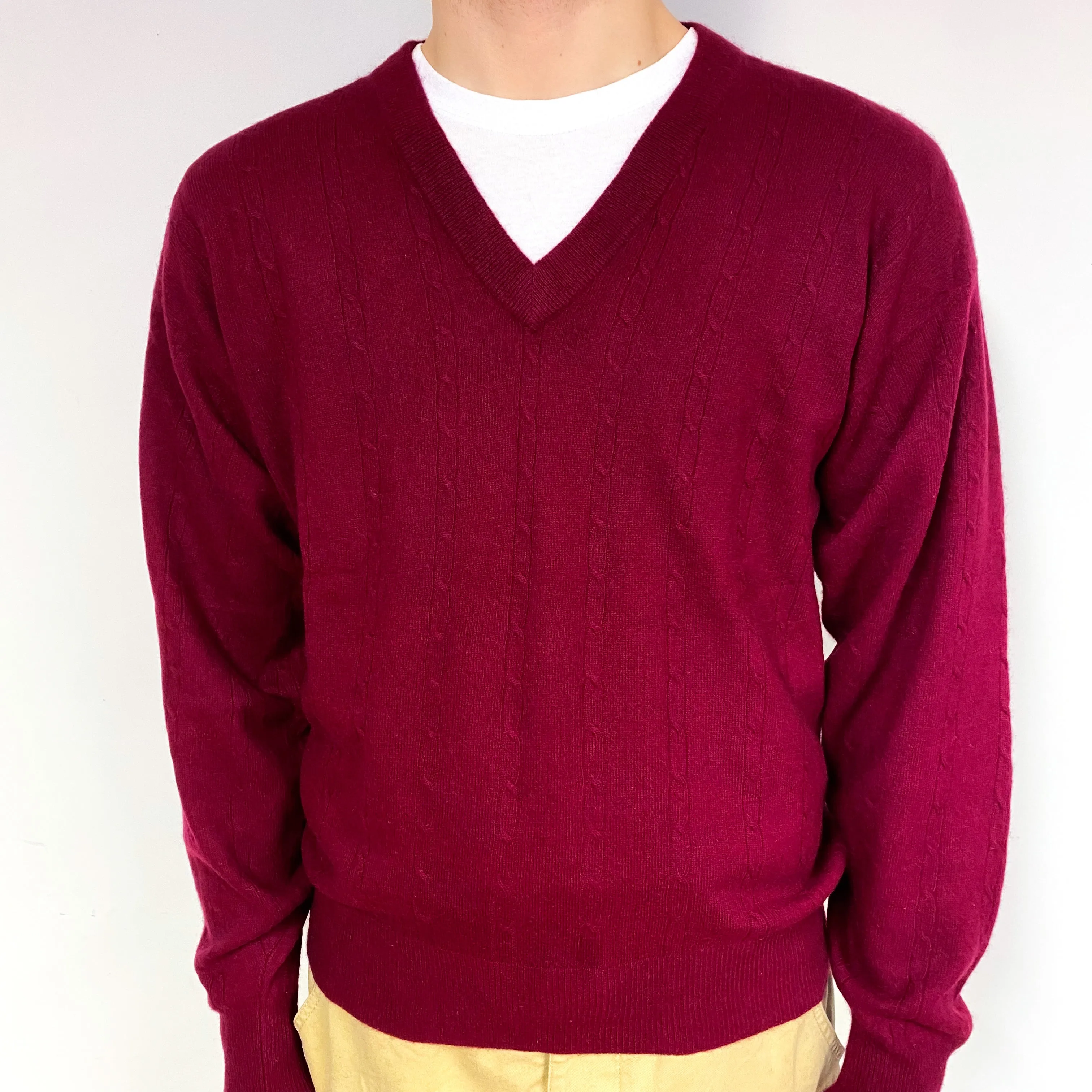 Men's Vintage Burgundy Red Cashmere V-Neck Jumper Medium