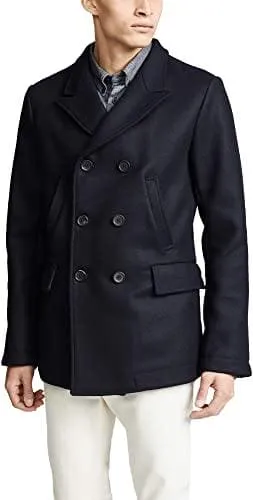 Men's Wool Double Breasted Bond Peacoat with Leather Details - Navy