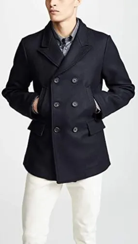 Men's Wool Double Breasted Bond Peacoat with Leather Details - Navy