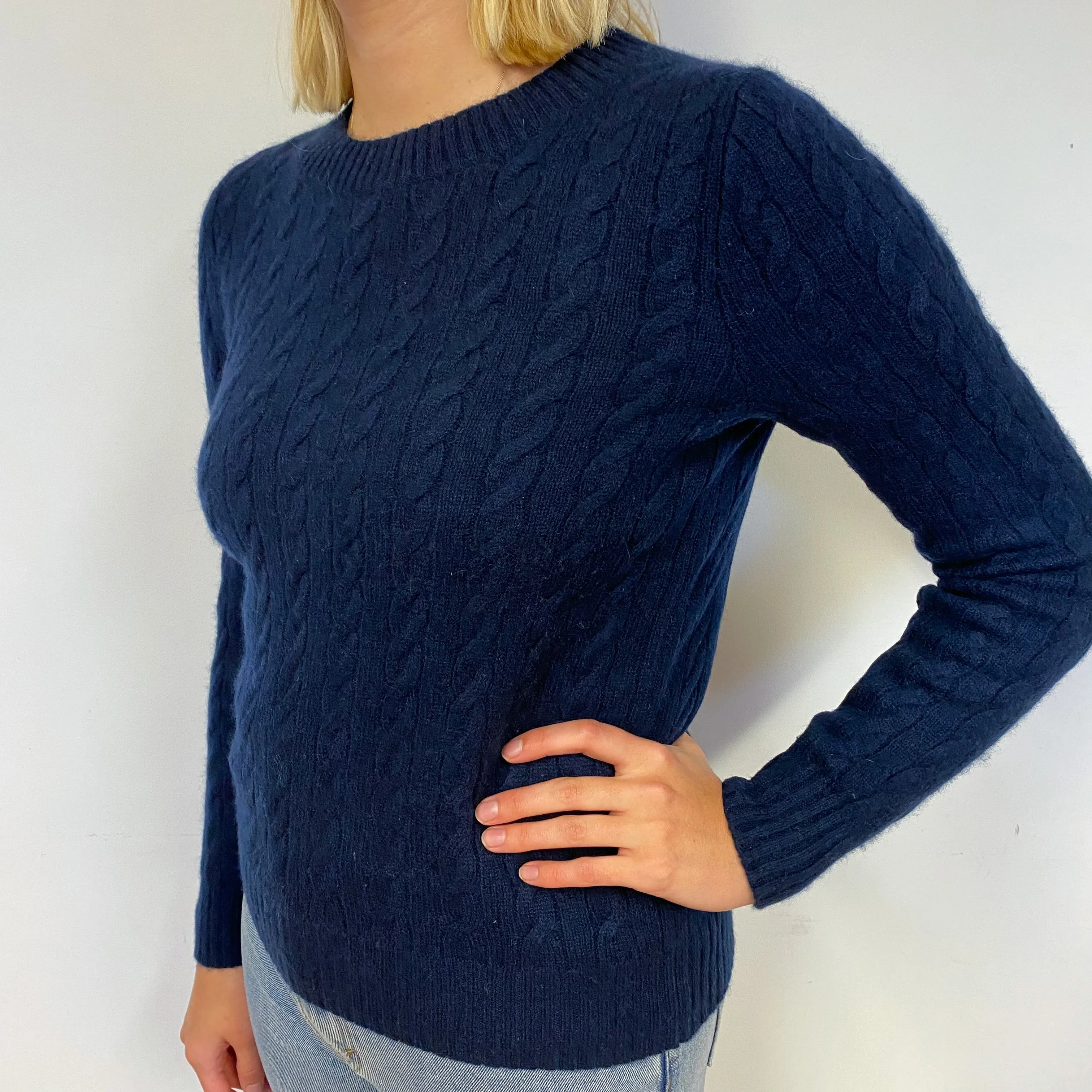 Navy Blue Cashmere Cable Knit Crew Neck Jumper Small