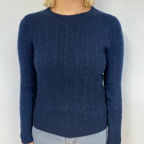 Navy Blue Cashmere Cable Knit Crew Neck Jumper Small