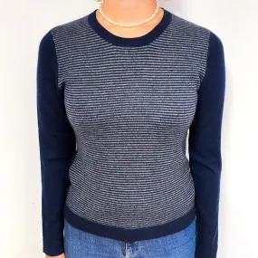 Navy Grey Stripe Cashmere Crew Neck Jumper Small