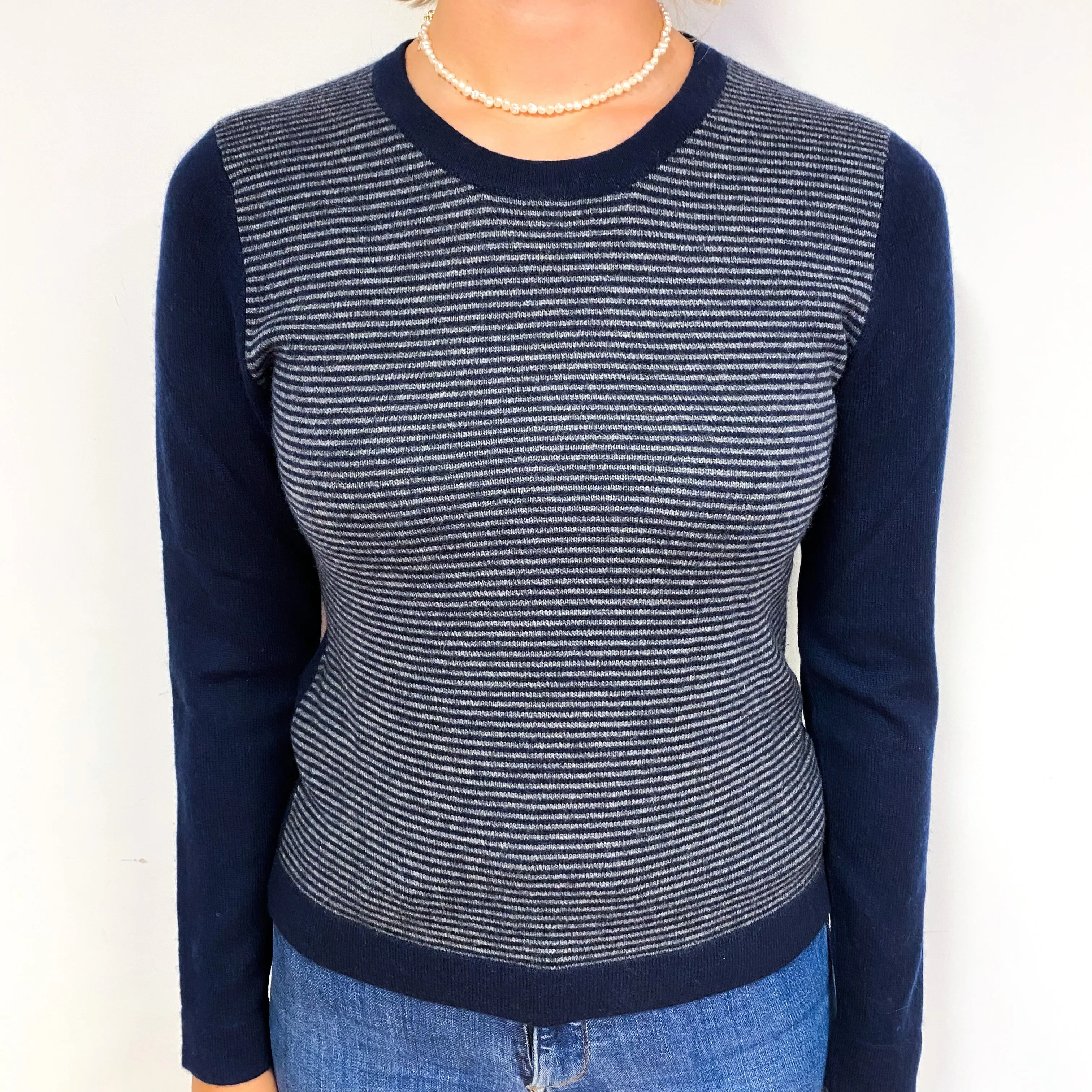 Navy Grey Stripe Cashmere Crew Neck Jumper Small