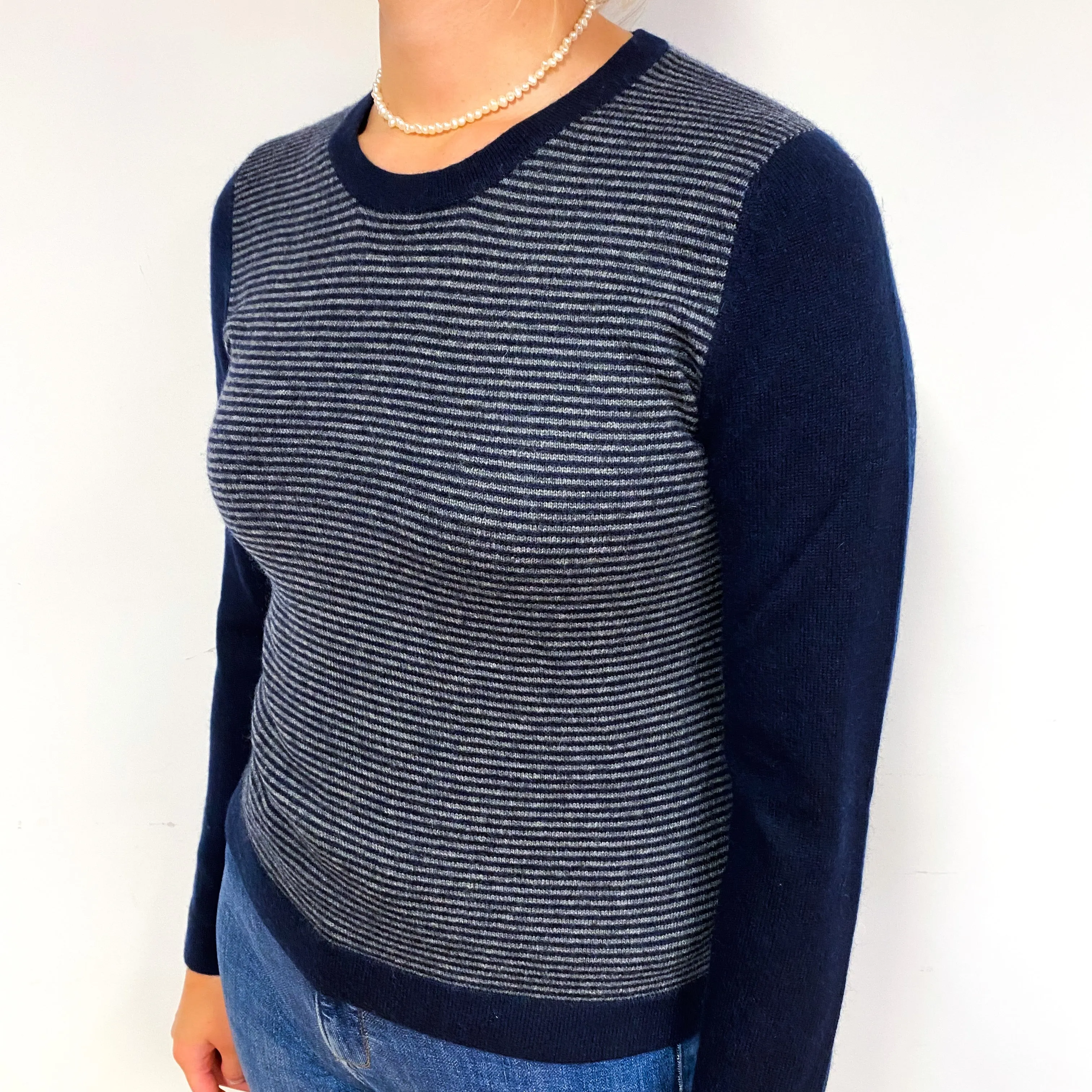 Navy Grey Stripe Cashmere Crew Neck Jumper Small