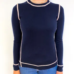 Navy Shell Pink Trim Cashmere Crew Neck Jumper Small