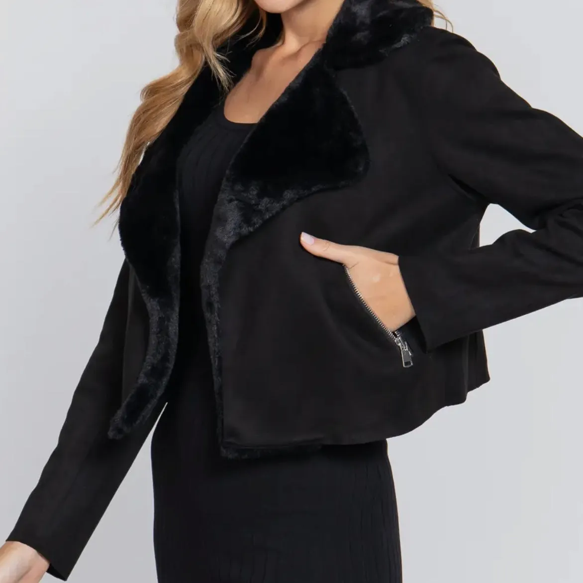 Nicky Faux Fur Suede Moto Jacket - Black